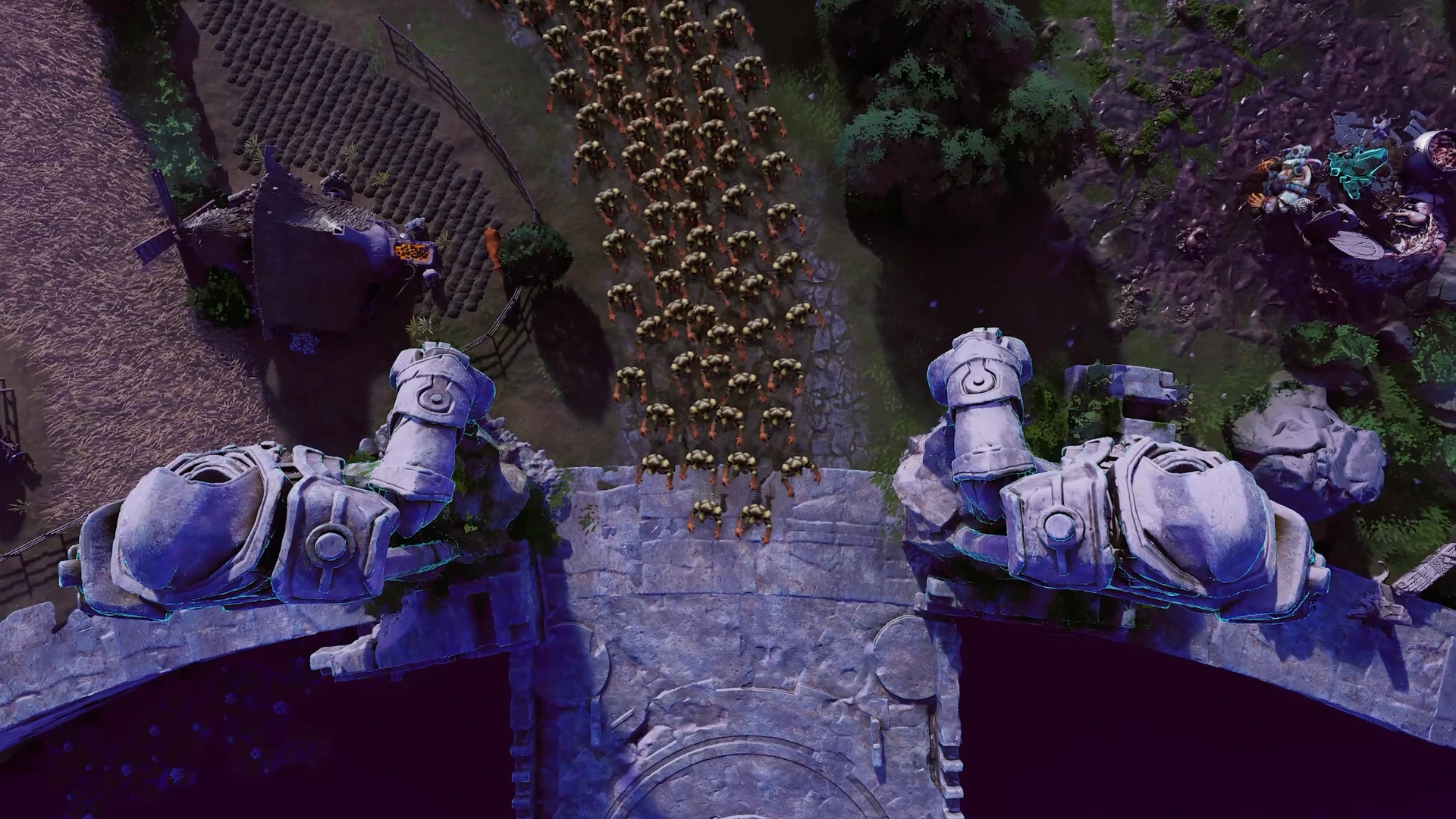 Eversiege enemy army crossing a monumental bridge guarded by ancient statues.