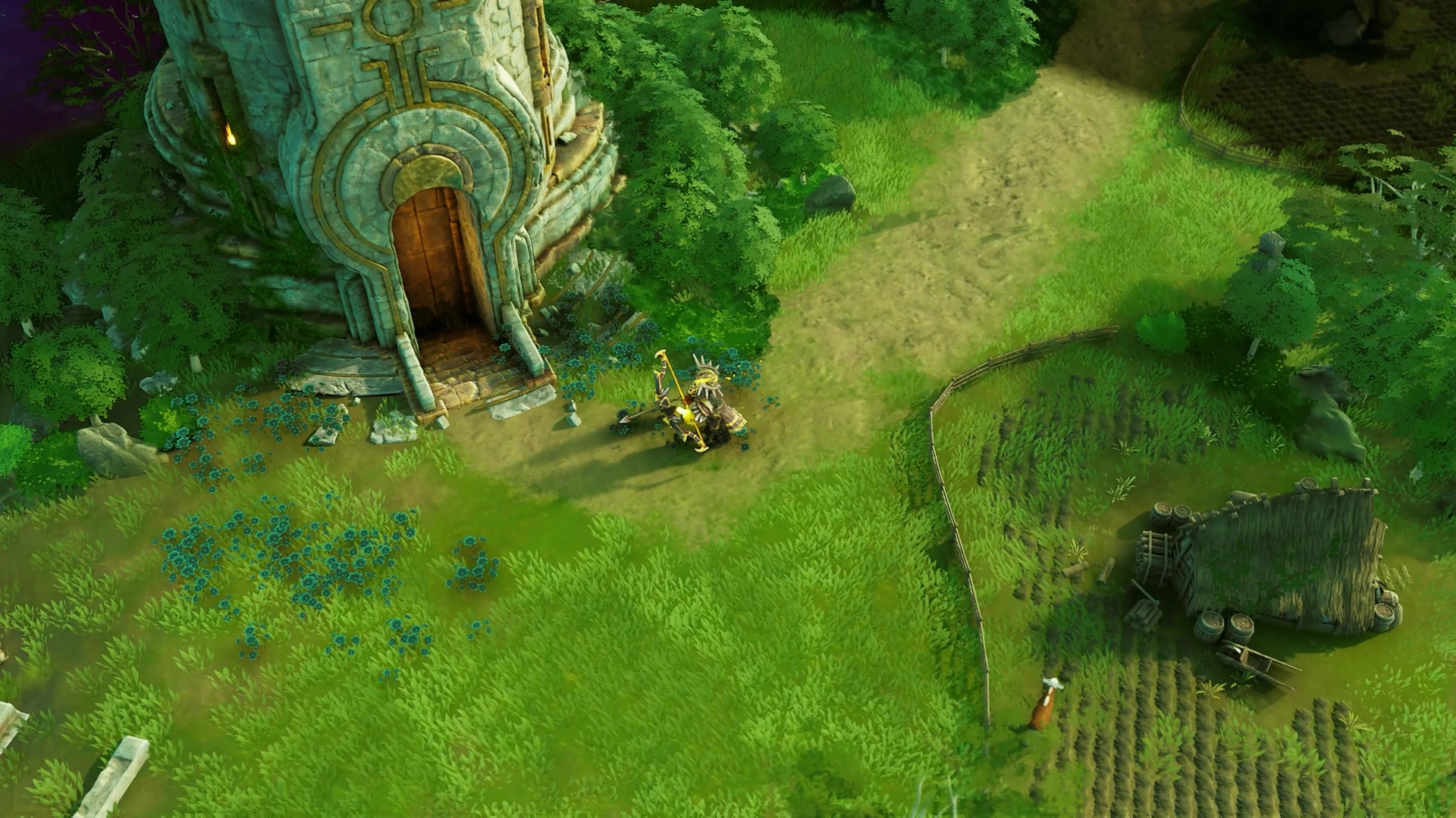 Eversiege hero standing alone in front of the massive gate of an ancient mystical tower surrounded by greenery.