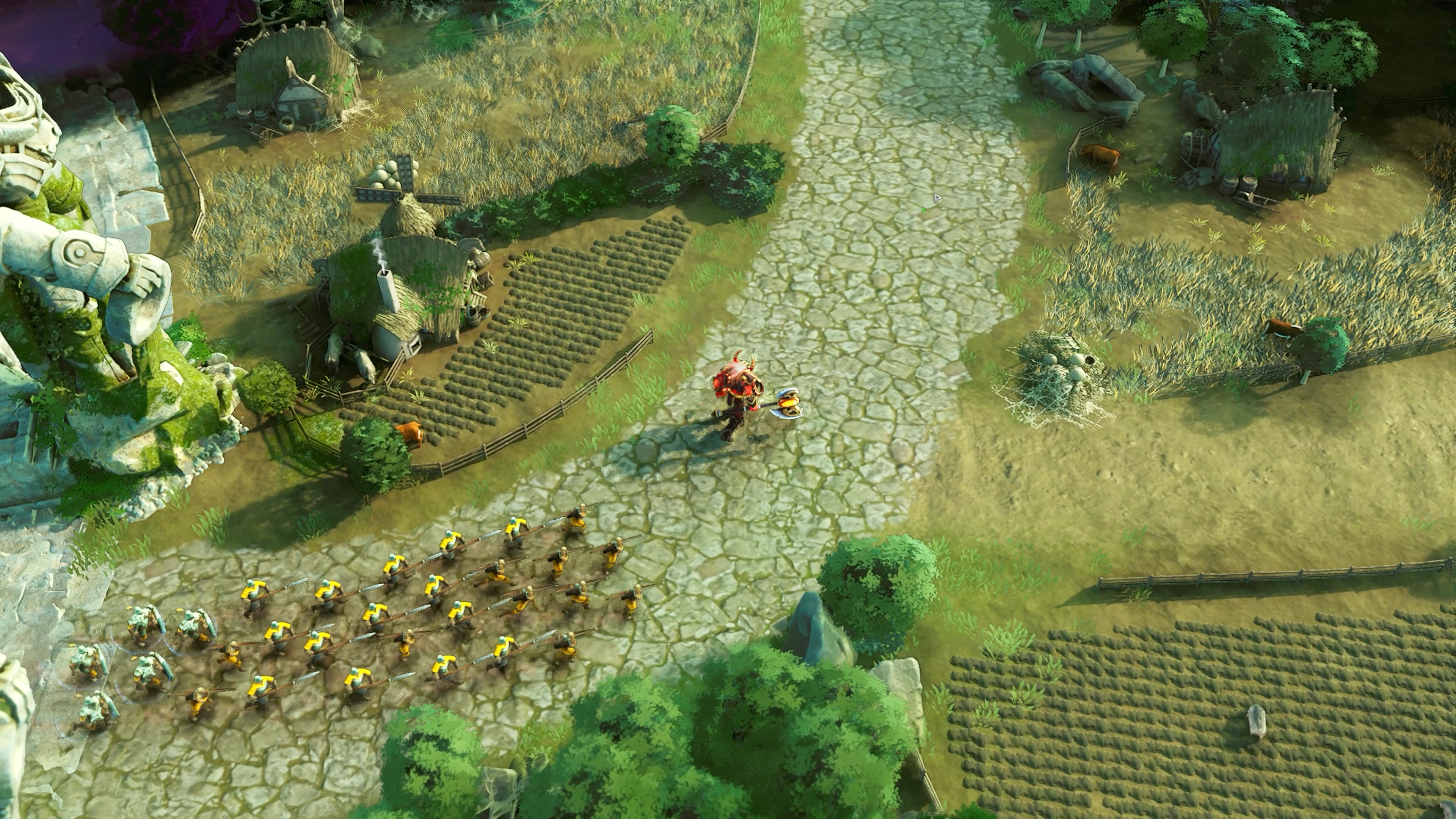 Eversiege hero standing at the entrance of an ancient mystical tower surrounded by lush green fields.