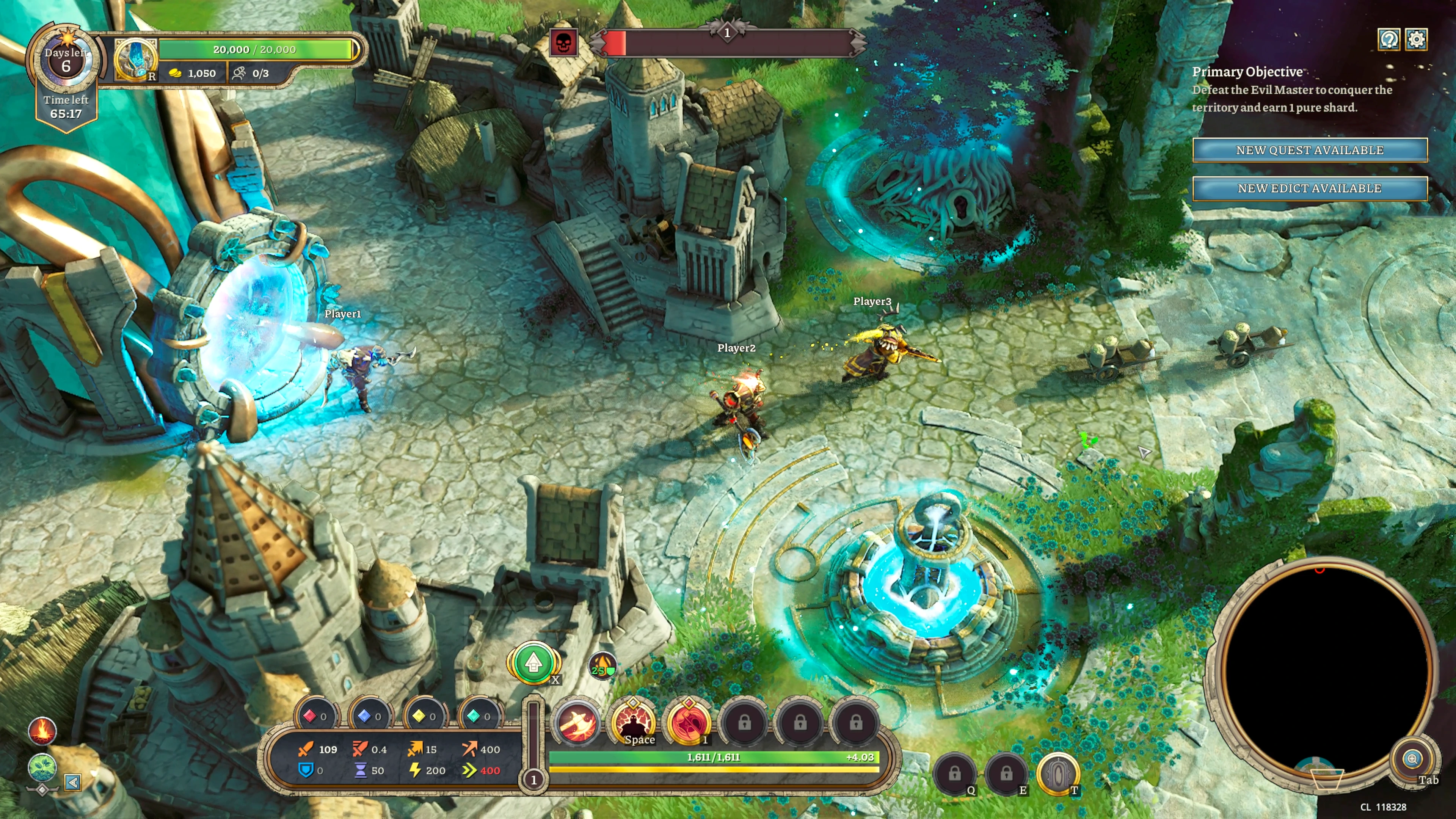 Eversiege three cooperative players preparing their heroes in a fortified town before the next quest.